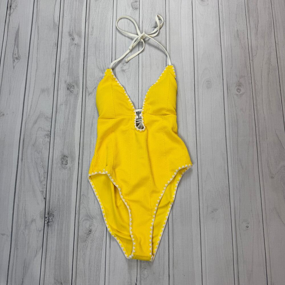 Unbranded Yellow One Piece Swimsuit XL Textured Tie Back Scallop Trim